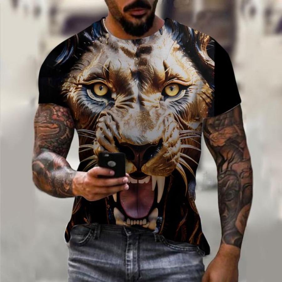 Men's T-shirt 3D lion print T-shirt summer short sleeved streetwear