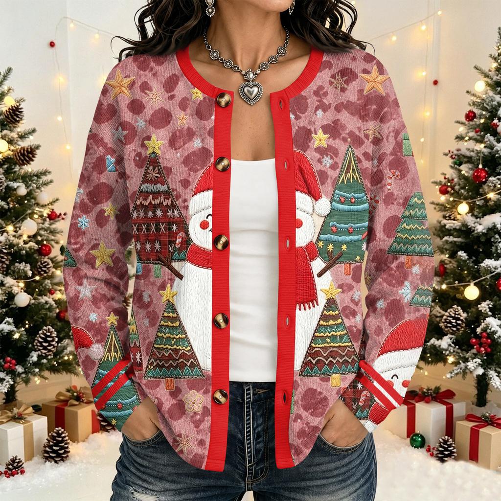 Women's Christmas Print Cardigan Long Sleeve Open Front Jacket for Holiday Party and Everyday Wear