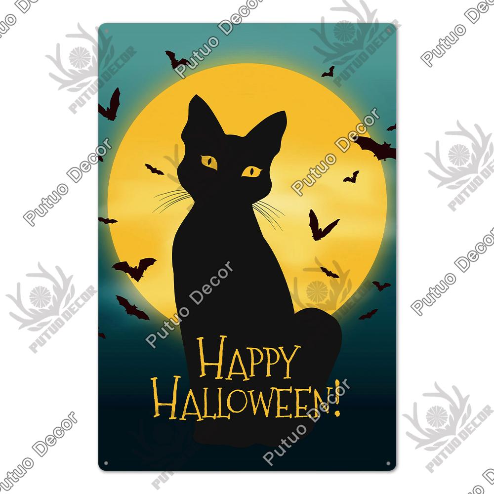 Putuo Decor Halloween Schwarze Katze Vintage Metallschild Plakette Metall Vintage Blechschild für Wohnzimmer Tür Tierhandlung Wanddekoration