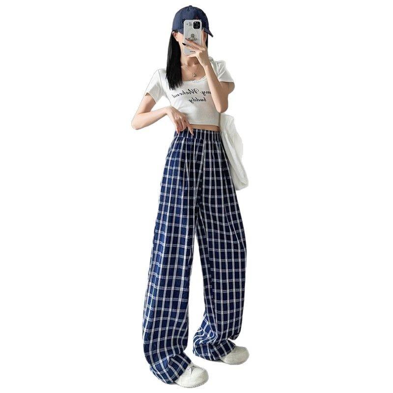 navy blue plaid wide-leg pants women's summer new high-waisted drape lazy slack retro straight casual pants