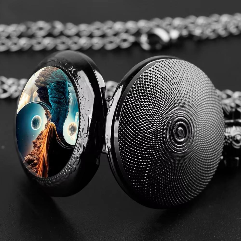 Vintage Retro Schwarz Doppelberg Yinyang Quarz Unisex Herren Damen Taschenuhr Quarz Halskette Anhänger Uhr Kette Lässig Klassisches Zifferblatt Schmuck Geschenk