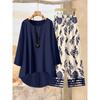 Geometric Pattern Print Two Piece Outfit Women Long Sleeve Irregular Hem Tunic Top Wide Leg Pants Casual Matching Set