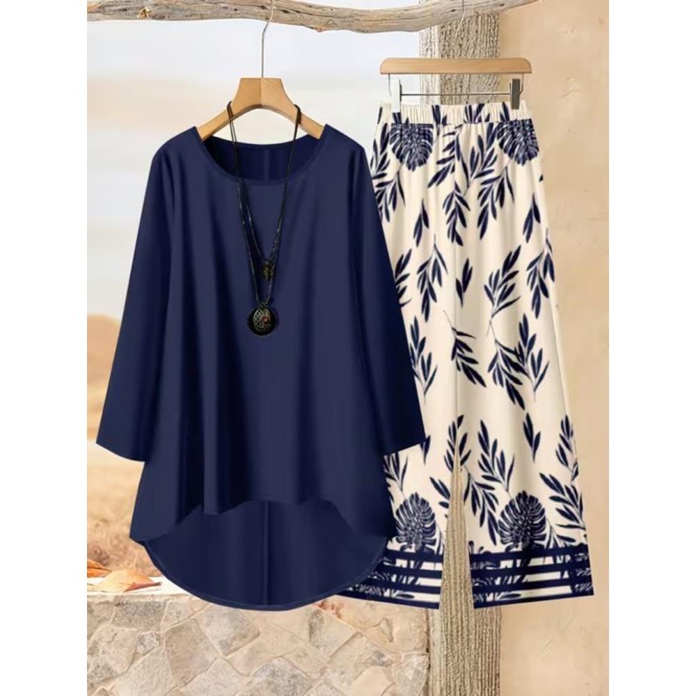 Geometric Pattern Print Two Piece Outfit Women Long Sleeve Irregular Hem Tunic Top Wide Leg Pants Casual Matching Set