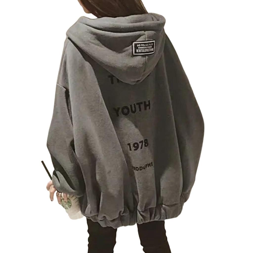Plus Long Sleeve Korean English Perfect for Travel and Outings [7-livehouse] Women's Fleece-Lined Hoodie, Outerwear, Sizes, Loose-Fitting Hoodie,