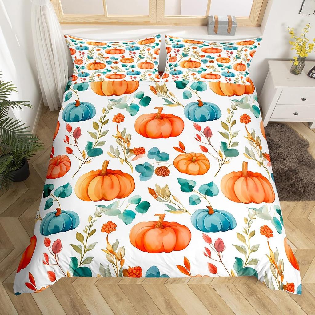 Autumn Pumpkin Soft Duvet Cover Ful Quen Fal Leaves Boho Floral Beding Set Farmhouse Harvest Home Decor,Thanksgiving Comfortable Quilt Cover