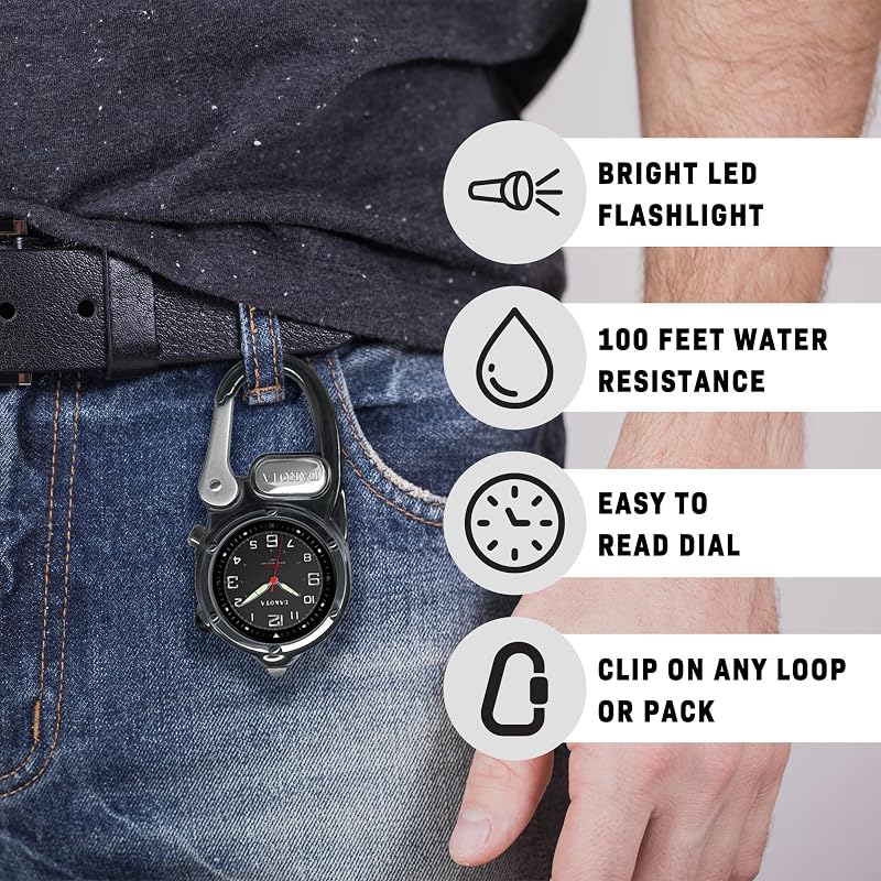 Dakota Pocket Watch with Carabiner, Waterproof, LED Light, for Outdoor Activities, Camping, Hiking, and Travel