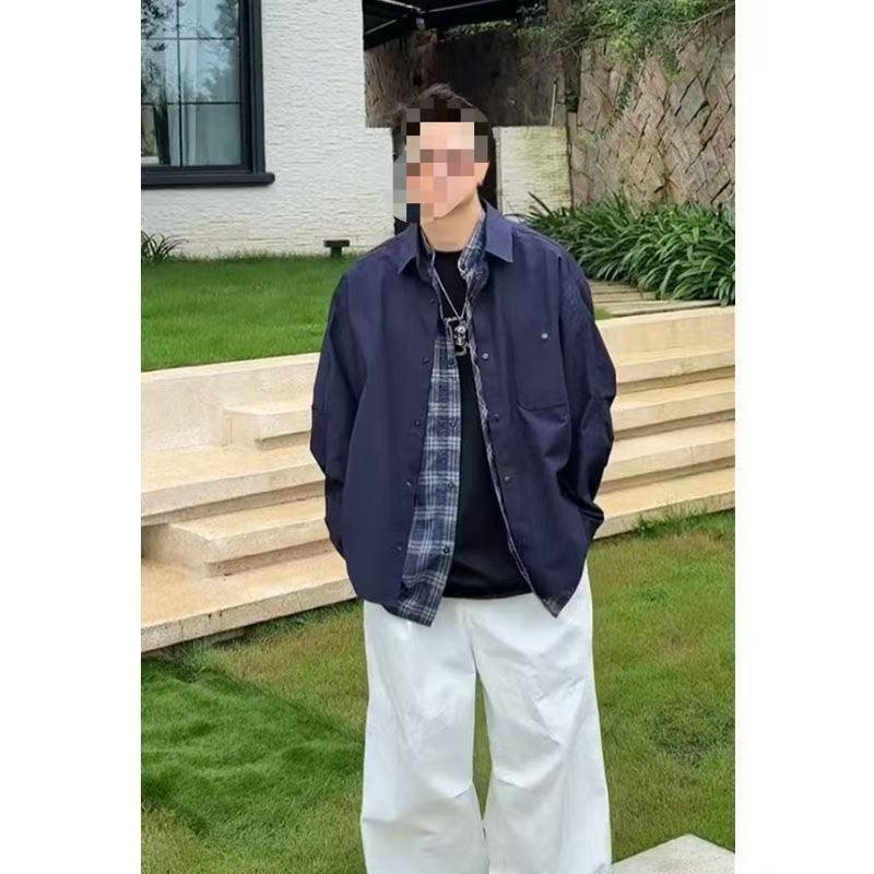 

Checkered Patchwork Lapel Jacket Set - Trendy American Casual Style for Spring & Autumn M (45-55 kg) темно-синього кольору