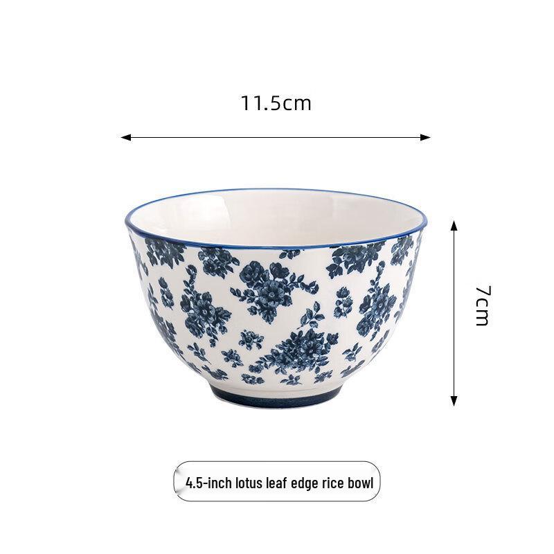 ZISIZ Retro Blue Floral Ceramic 4.5-inch Lotus Bowl Set