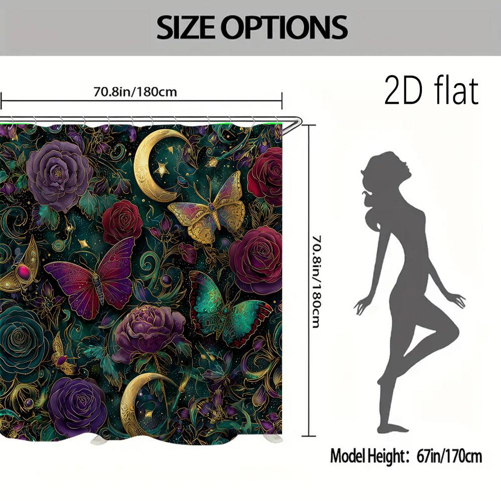 2Dflat 4pcs Dreamy Butterfly Night Moon Print Shower Curtain Set, Bathroom Decor Kit Includes Shower Liner, Non-Slip Mat