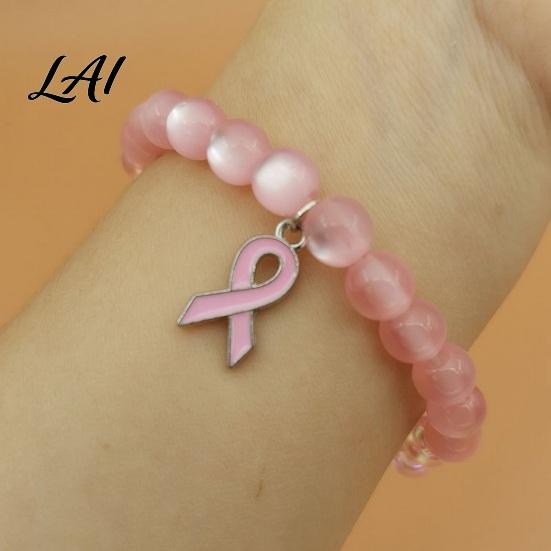 Versatile Commuting Casual Bracelet Breast Cancer Awareness Bracelets for Women Ribbon Support Ornament Charm Beaded Elastic Bracelet Encouragement