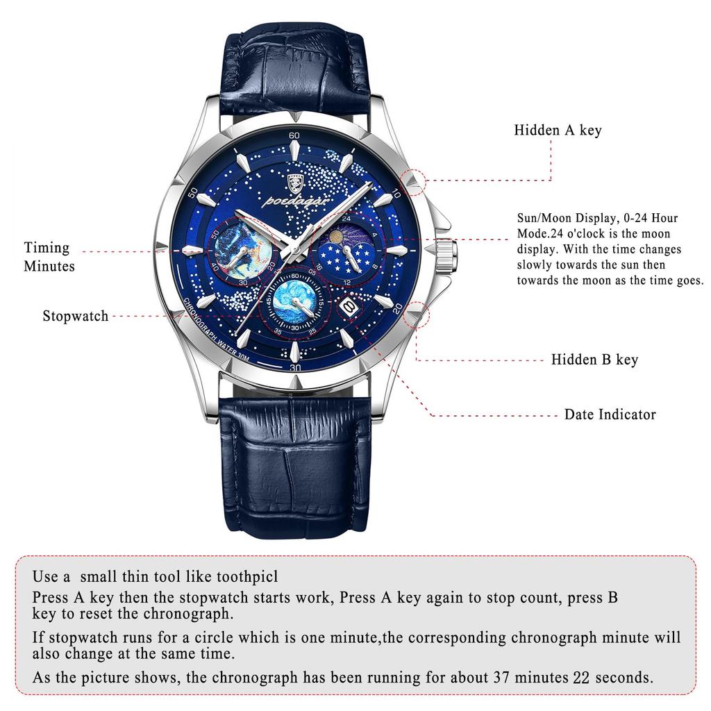 Genuine Leather Blue Starry Luminous Analog Calendar 3ATM Waterproof Quartz Romantic Stylish Casual Fashion Accessories Birthday Anniversary Christmas