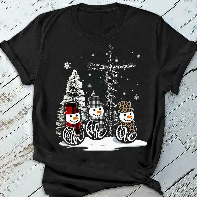 SnowUnisex Faith Hope Love Jesus Cross Christian Christmas TShirt 100 Cotton ONeck Short Sleeve Casual Unisexs Tshirt Size S3XL