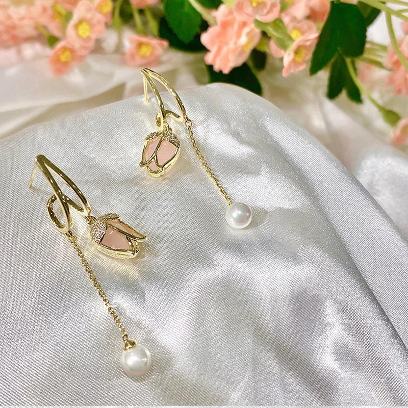 Rosa Tulpenperlen Quastenohrringe für Damen - Elegant, vielseitig, märchenhaftes Design