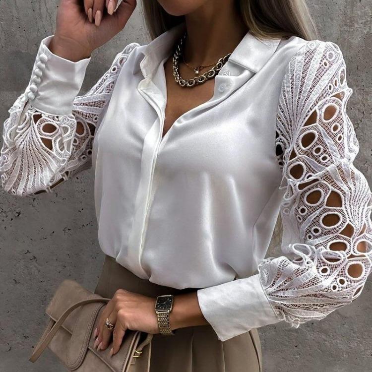 Mesh Design Hollow Out Lace Sexy Vintage Button Up Long Sleeve Blouse Top Women Shirts Femme Tops Spring White Black