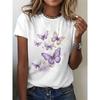 Women's Purple Butterfly Print Tee Round Neck Short Sleeve Lovely Casual Fashion Gifting Top