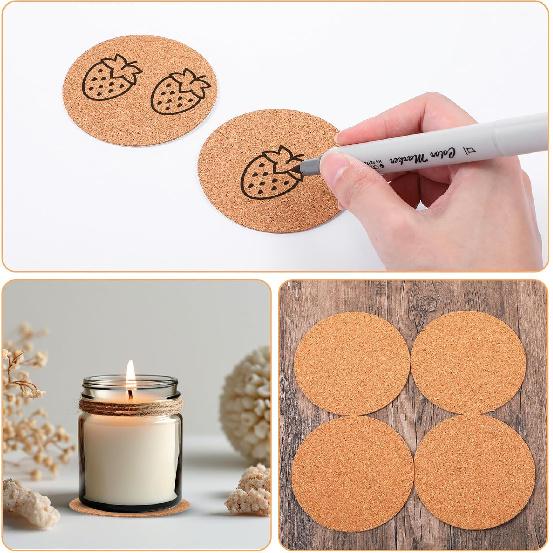 24 Pack Round Cork Coaster, Self-Adhesive Corks Coasters Wooden Thick Drink Coasters Cork Mat for Kitchen Restaurant Home Bar Cafe Wedding Supplies