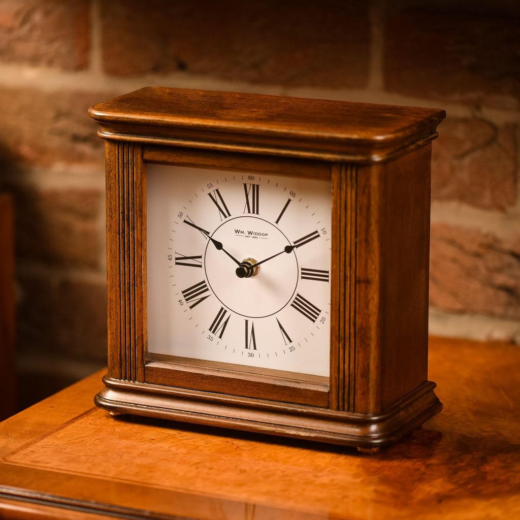 Wm Widdop Walnut Effect Square Mantel Clock 4 x 4 West Chime
