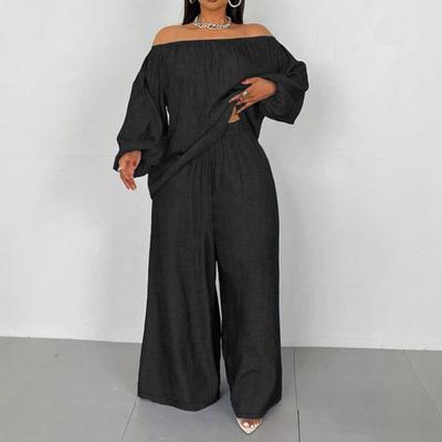 Conjunto de 2 piezas para mujer Top de manga larga con hombros descubiertos Pantalones de pierna ancha de talle alto Conjunto casual de talla grande para salir o estar en casa
