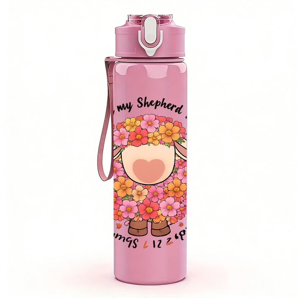 1PC Floral Sheep Circle Text 750ml Color Plastic Sports Water Bottle Leakproof Flip Straw Lid Suitable for Sports Office Home Use