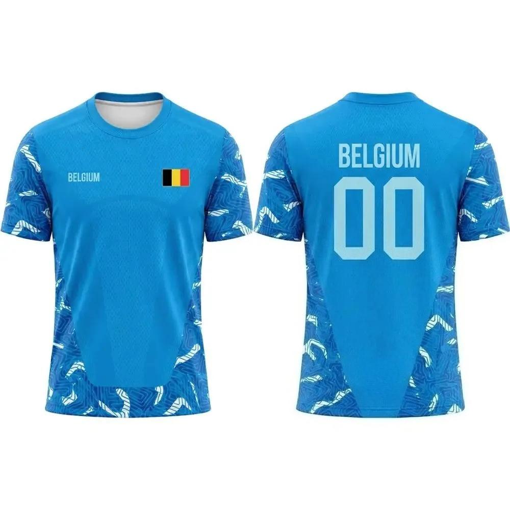 2026 New Belgian Flag Print Soccer Jersey for Men, Summer, Quick-Drying, Breathable, Soccer Training T-Shirt, Unisex Casual Sports Top