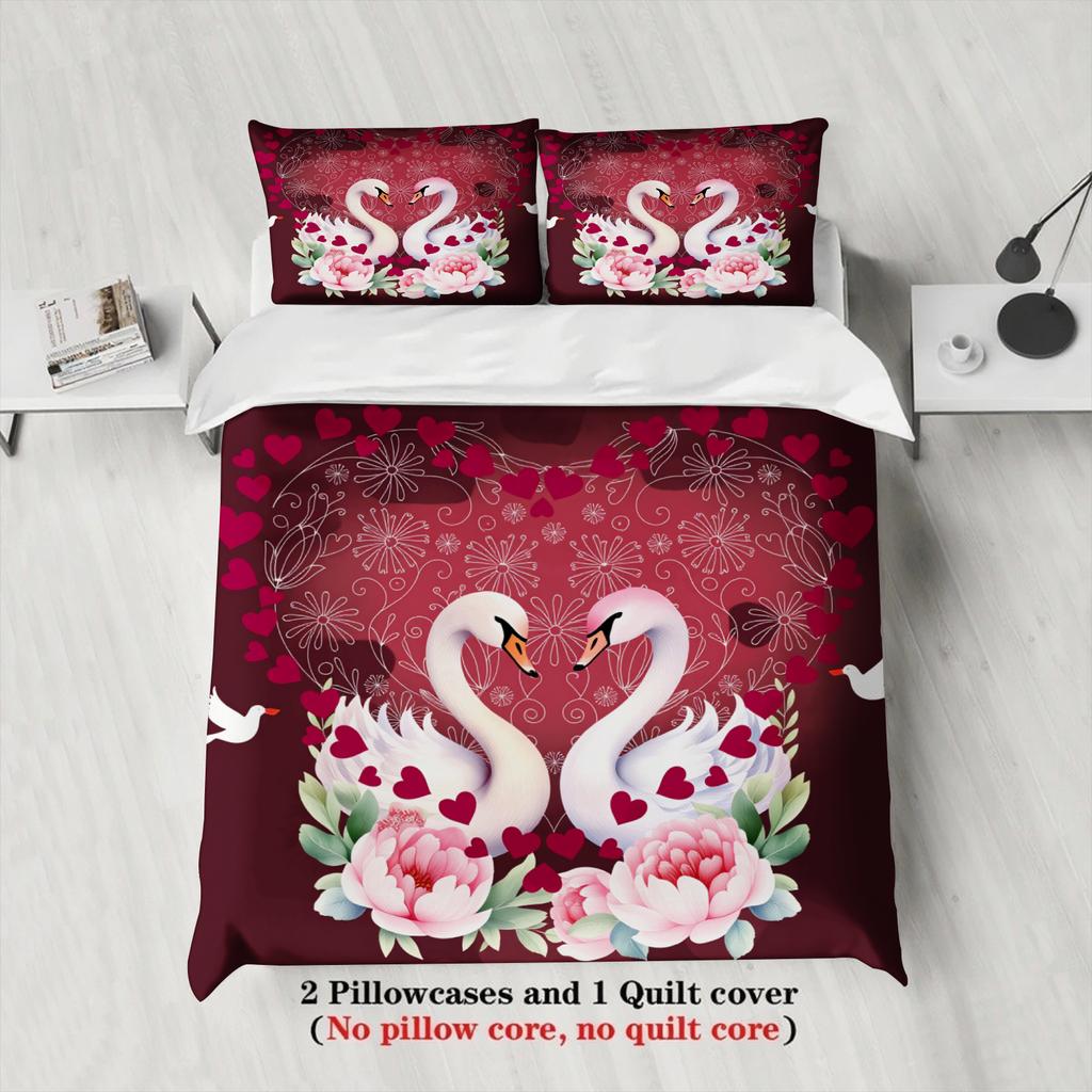 3pcs Swan Couple Bedding Sets 3D Printed Red Flora King Full Size For Couples Gifts Duvet Cover With 2 Pillowcases For Bedroom