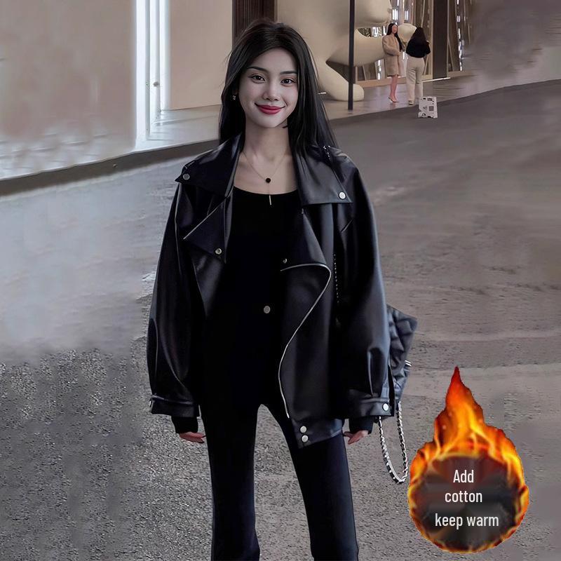 Women's Black Leather Jacket - 2024 Spring/Autumn Motorcycle Style, Petite & Plus Sizes, Korean Casual Fit