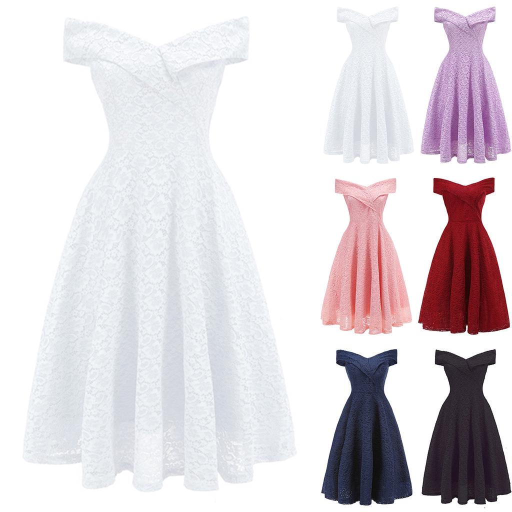 Buy Women Elegant Boat Neck Dress Ladies Solid Color Sundress Female ...