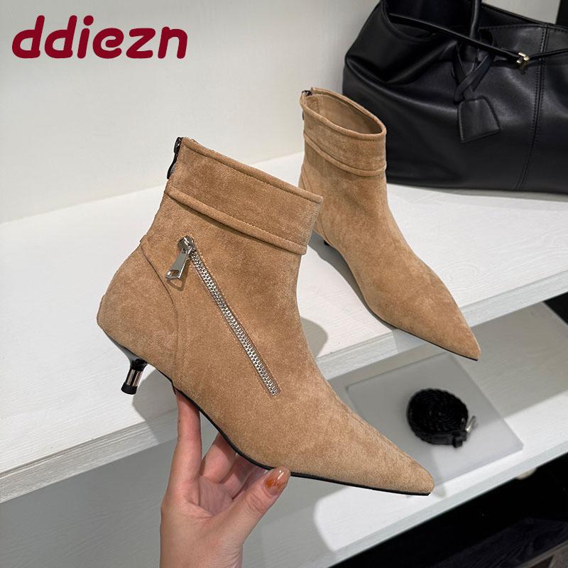 Fashion Zippers Fashion Flock Women Ankle Boots With Low Heel Female Shoes Pointed Toe Sexy Modern Ladies Short Boots Shoes Pumps Lady