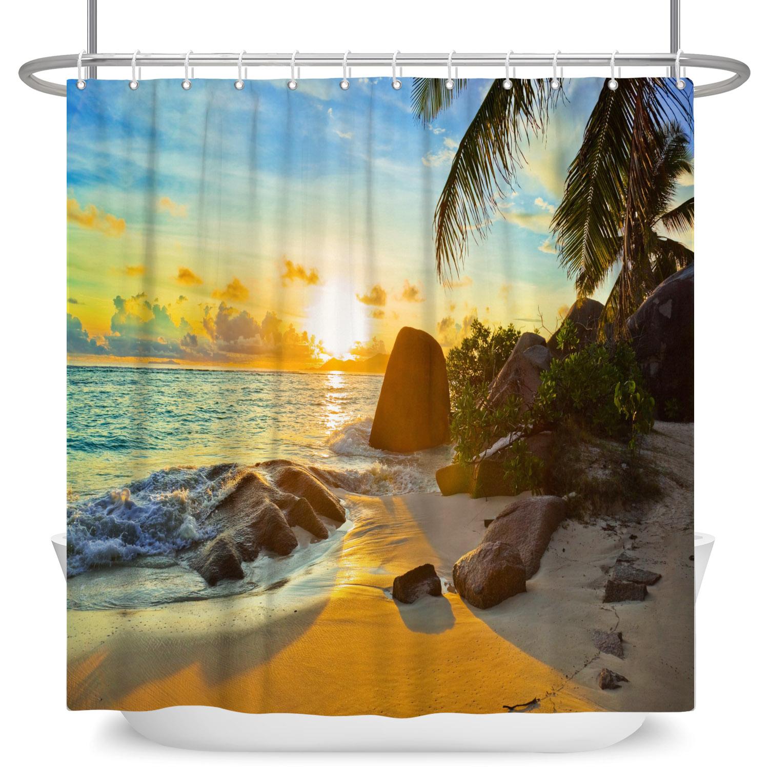 

Tropical Beach Sunset Shower Curtain Palm Tree Ocean Waterproof Bath Curtain Bathroom Decor Vacation Style Polyester With Hooks W60H190(CM)-1 Pcs