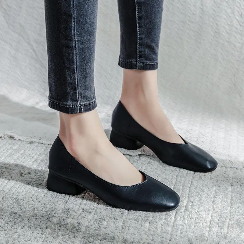 Měkká kůže Jednoduché boty Dámské Silné podpatky Jaro a Podzim Čtvercová špička Nízké podpatky Jednobarevné Měkké podrážky Nazouvací Vysoké podpatky Neunavují nohy