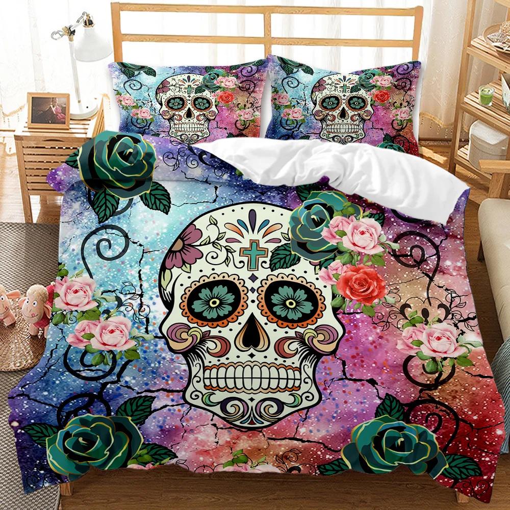 Dödskalle Påslakanset Rosigt Blommigt Dubbelt Sängklädesset Tryckt Alla Hjärtans Dag Halloween Dödskalle Gotiskt Skelett Polyester Quiltöverdrag