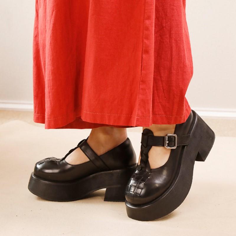 Fashion GKTINOO 2025 Spring/Summer New High End Cowhide Shallow T-shaped Buckle Pumps Retro Thick Sole Handmade Women's Platform Shoes