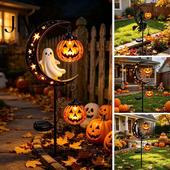 Waterproof Wrought Iron Lawn Ornaments Solar Halloween Metal Garden Stake Light, Auto On/Off Crescent Moon Black Cat with Hanging Autumn Path Lighting