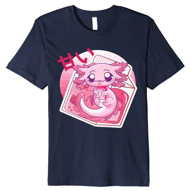 Kawaii Axolotl Strawberry Milk Japanese Anime Girls Teenager Premium TShirt Y2k Cartoon Unisexga Graphic Aesthetic Clothes Novelty