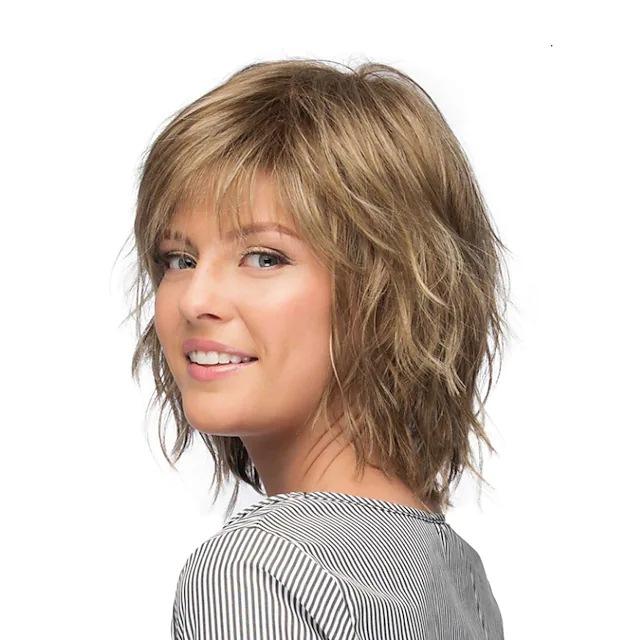 Blonde Brown Short Costume Wigs Curly Ladies Layered Natural Wig With Bangs Synthetic Hair Grey White Wig For Women Heat Resistant Wig