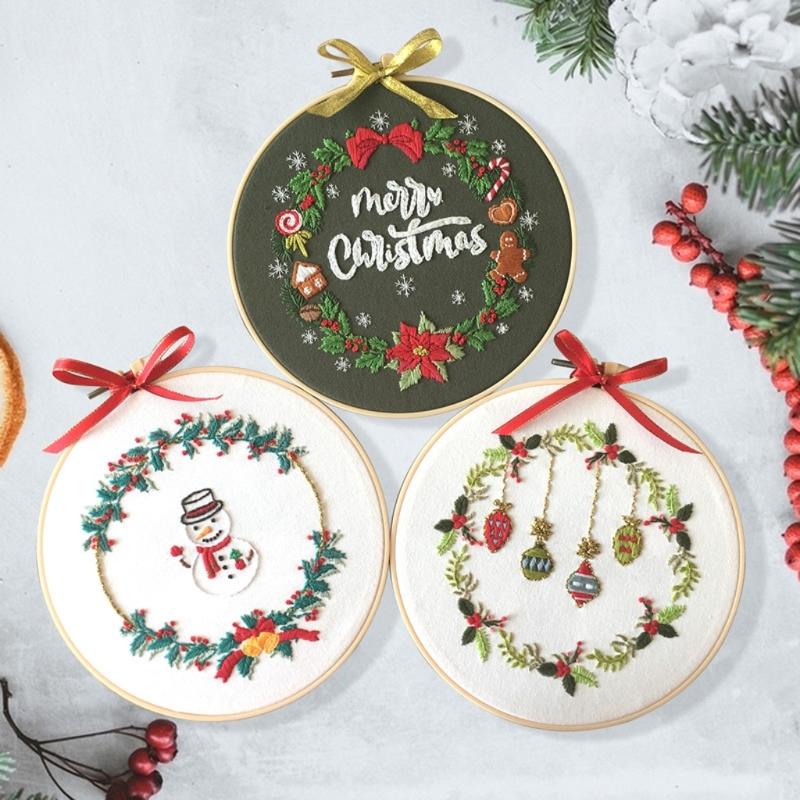 Full Ranges of Stamped Christmas Ornament Embroidery Set for Beginner, Christmas Wreath Cross Stitching Starter Kits