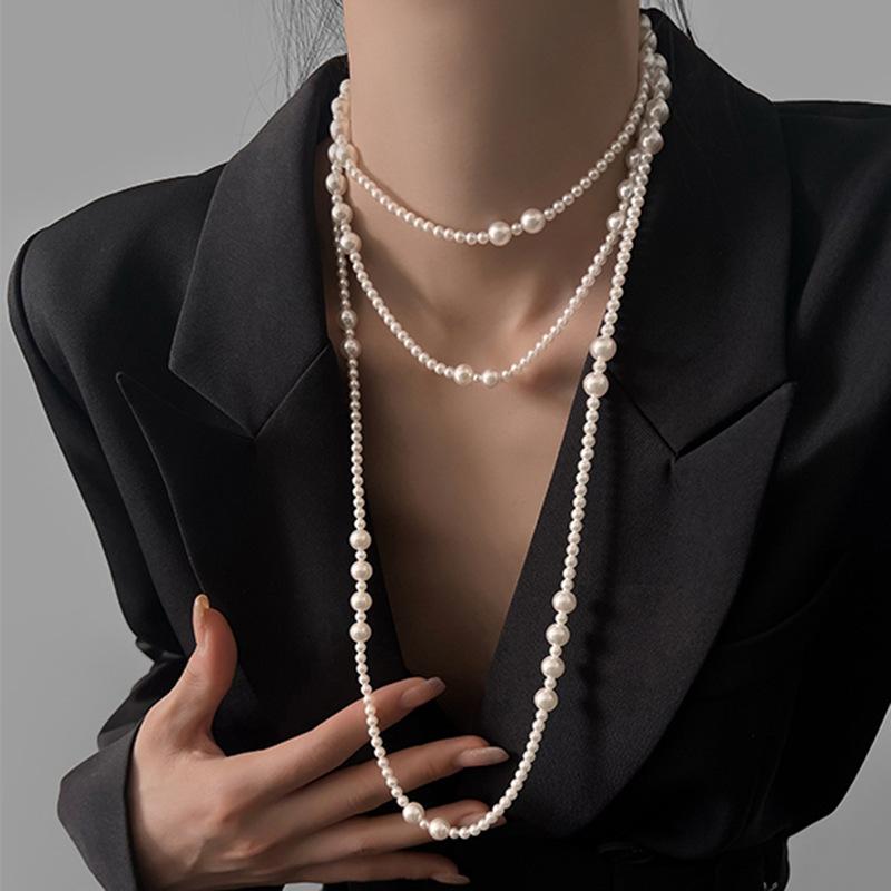 Bead White Pearl Necklace French Retro Elegant Temperament Double Layer Sweater Chain Fashion Temperament High Sense Necklace
