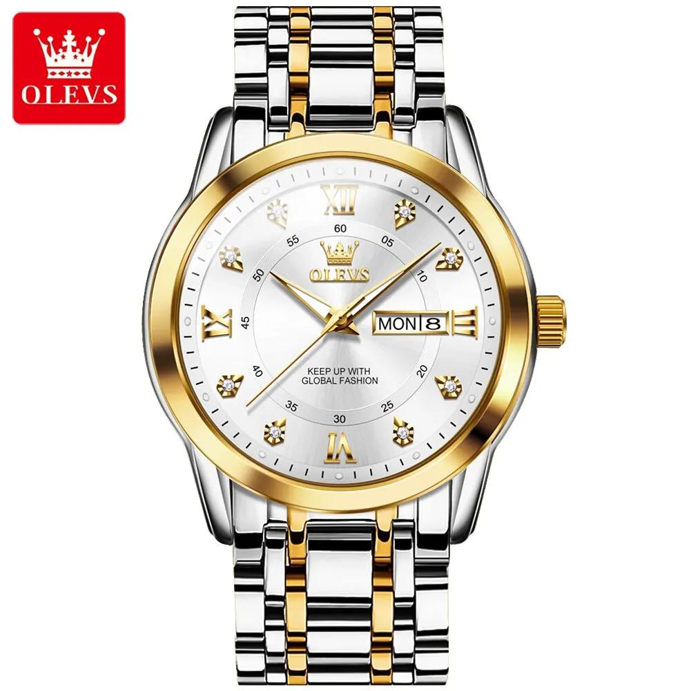 OLEVS Quarzuhr für Herren, Luxus-Diamanten, Golduhr, wasserdicht, leuchtend, Edelstahl, Business-Herren-Quarzuhren