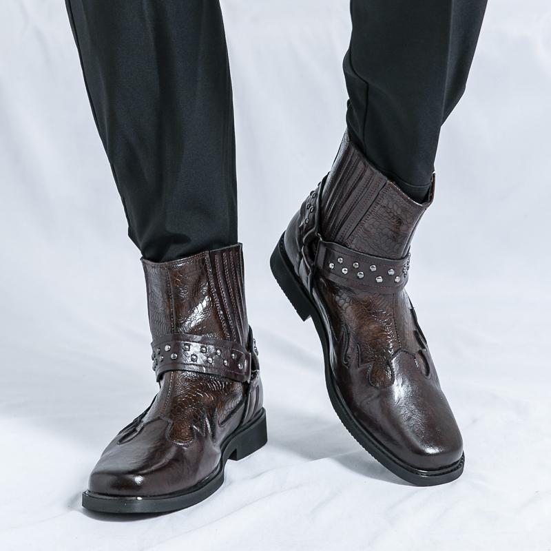 Pánské retro westernové kovbojské boty se širokou hlavou žokejské boty Motocyklové boty pouliční styl Cool vysoké boty nadměrná velikost