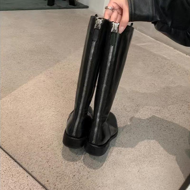 Autumn and Winter New Vegetable Tanned Leather Washed Coarse Heel Zipper Tall Female Knight Boots