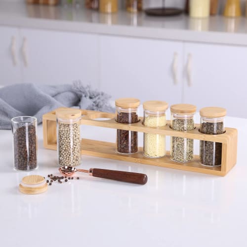 KKC Spice Bottles with Spoons, Airtight Glass Spice Jars, 6-Piece, 100ml, for Seasoning Storage, Flavorings: Cinnamon, Star Anise, Cumin, Pepper