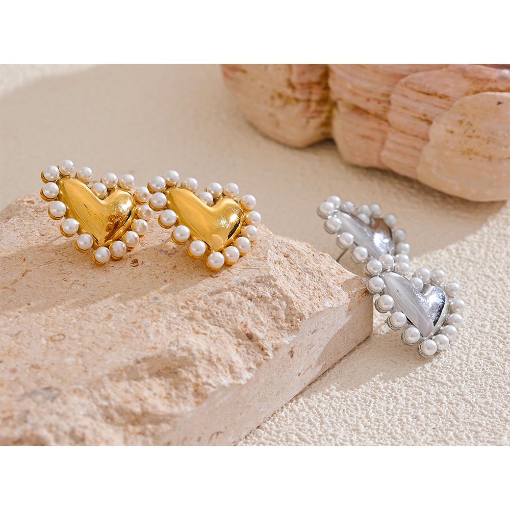 Yhpup Heart Imitation Pearls Stainless Steel Fashion Lover Stud Earrings Prevent Allergy Metal Exquisite Waterproof Jewelry Gift