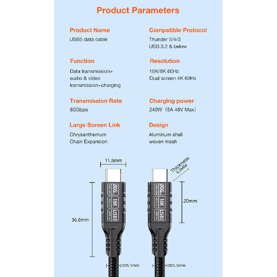 USB 5.0 Type C To C Data Charger Cable For Macbook iPhone Samsung Phone 20cm 50cm Short 1M 2M 3M Long 240W Fast Charge 16K Cord