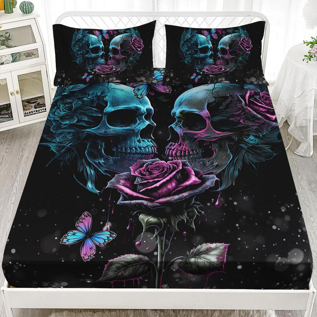 Personalisierte Totenkopfmuster Bettmütze Dreiteilig Digitaldruck Bettmütze Bettwäscheset Erwachsene Kinder