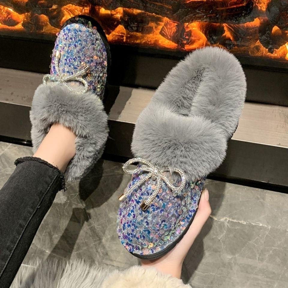 Sequins Bow Flat Snow Boots for Women Winter Round Toe Woman Shoes Padded Comfortable and Elegant On Offer Y2k Work Furry Boot