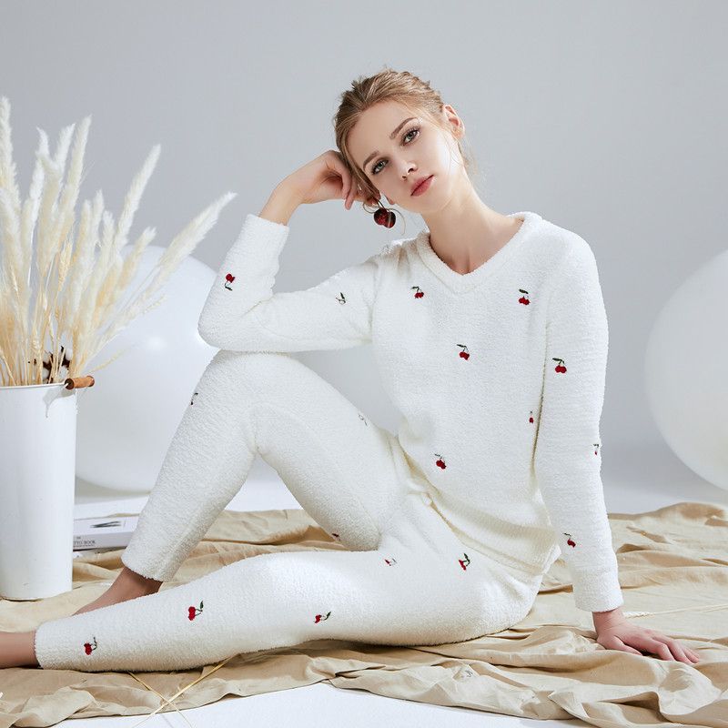 

Cute Cherry White Pajamas Suit Women s Long-Sleeved Trousers Casual Pajamas Winter Soft Fresh Homewear Suit White All yards