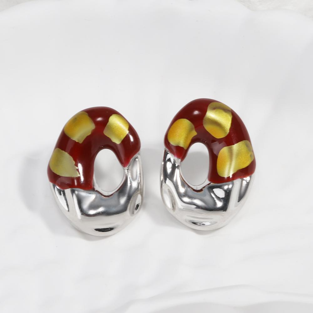 New Design Gilt Red Creative Gold Plated Irregular Round Geometric Earrings for Women Statement Studs Fashion Jewelry Waterproof