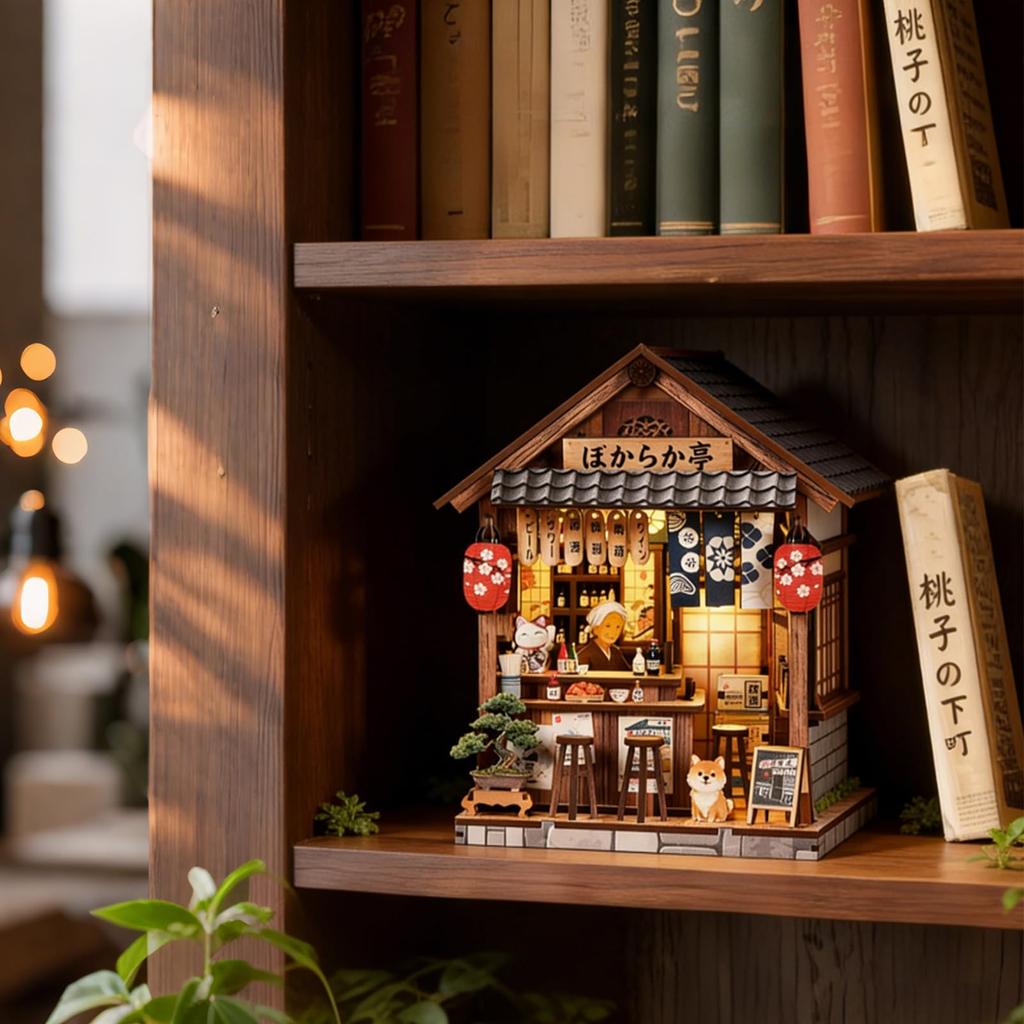 Pixie Curio DIY Dollhouse Kit Miniature House Book Nook Kit Japanese Style Hokaraka-tei Izakaya with LED Lights and Color Instructions BeginnerAdult