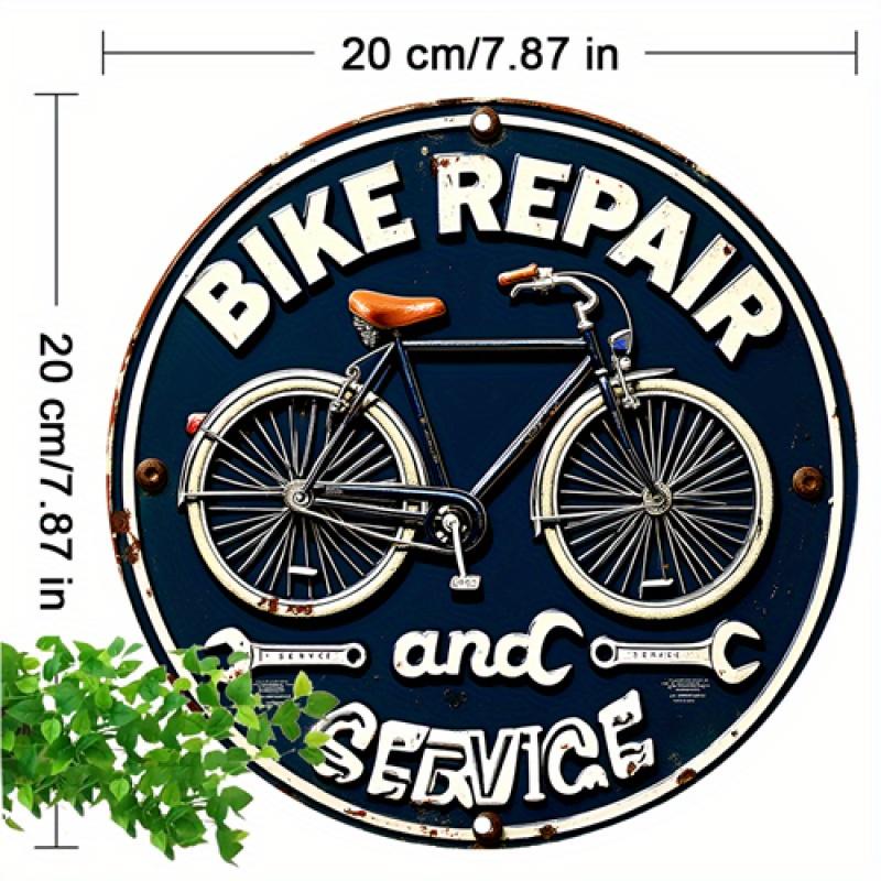 HD Tin Sign Bike Repair and Service Round Metal Wall Art Vintage Bicycle Garage Decor
