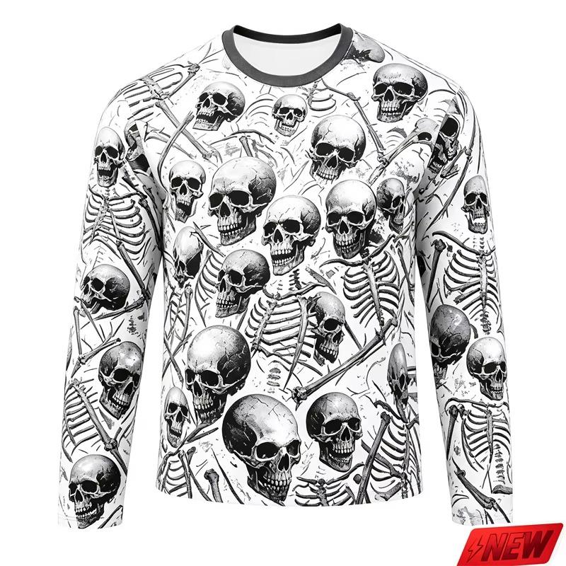 Men Gothic Full Print Skull Skeleton Long Sleeve T Shirt Halloween Punk Print Y2K Hip Hop Family Matching Casual Fitness Tops